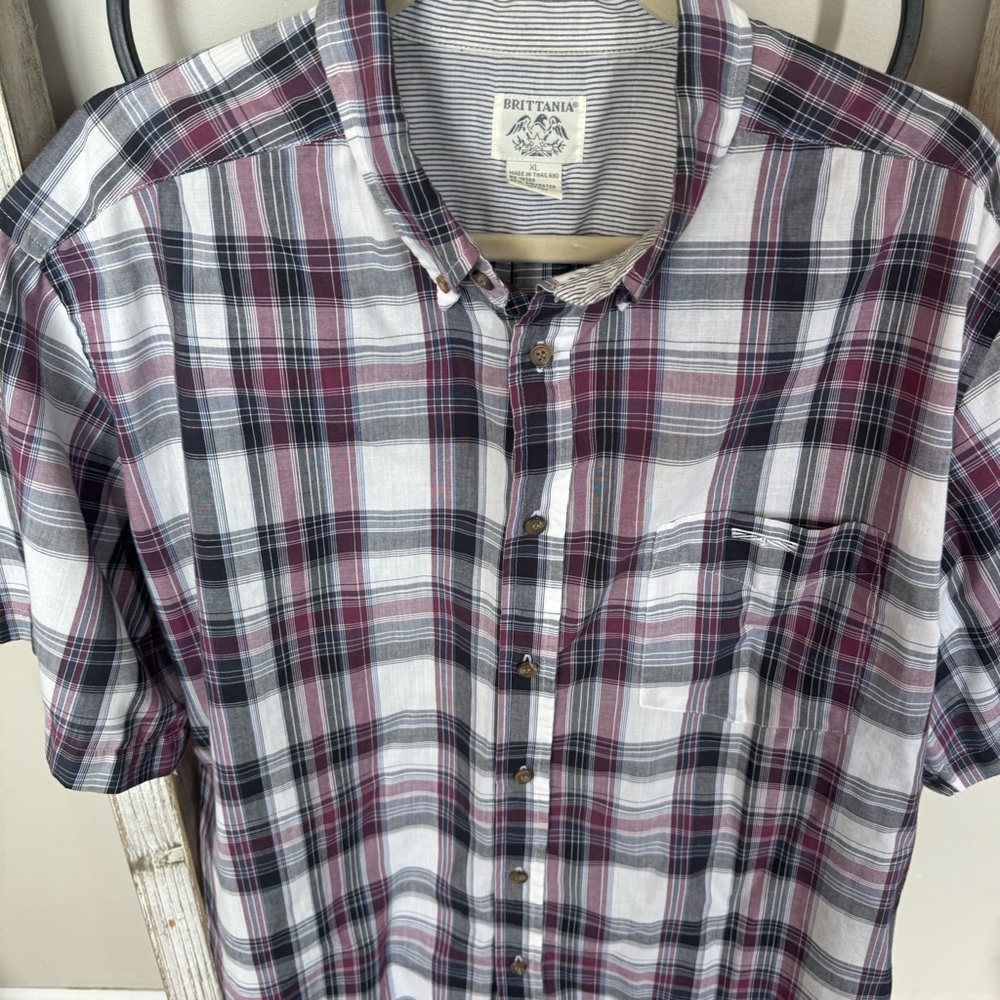 Brittania Vintage‎ Plaid Button Down Shirt XL Red Gray Black Short Sleeve 90s